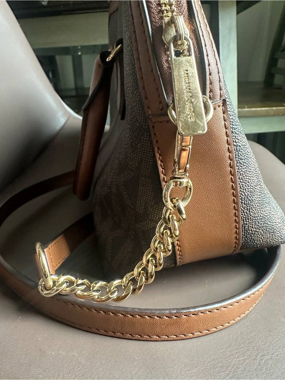 Michael Kors Brown MK Logo Crossbody Satchel with Tan Trim
